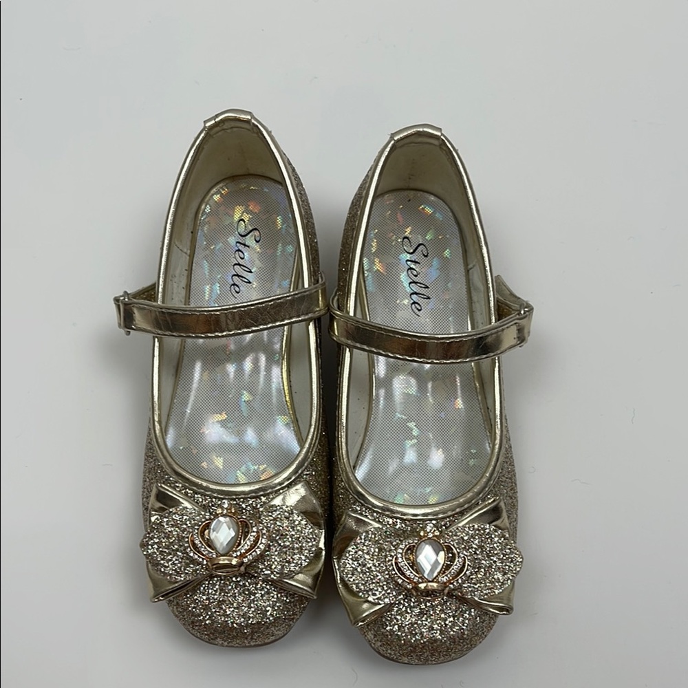 Gold Glitter Dress Shoes with Bow and Rhinestone